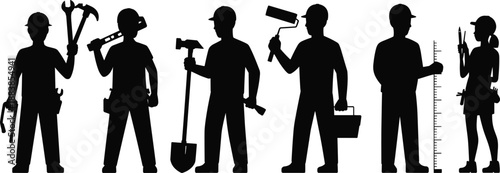 Worker,silhouettes,construction,tools,professionals,standing,black,figures,isolated,white,background,industry,engineering,repair,maintenance,teamwork,labor,craftsmen,people,concept