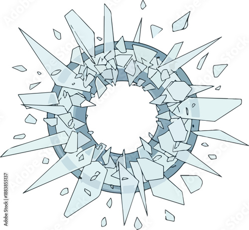 Explosive shatter of a circular form, fragments scattering outwards, symbolizing impact, breakthrough, or destruction