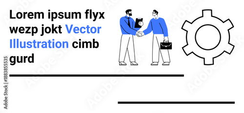 Two businesspeople greeting each other with a handshake, gear symbol representing teamwork. Ideal for partnership, collaboration, negotiation, business growth, strategy, teamwork, simple landing page