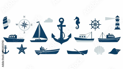 Nautical Icons Collection Featuring Boats Anchors Compass and Lighthouse.