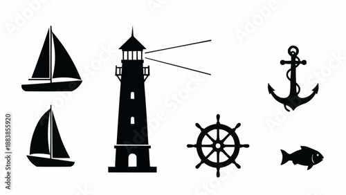 Nautical Icons Collection Silhouette Set.