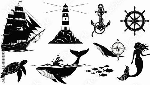 Nautical Icons Collection Silhouette Set.