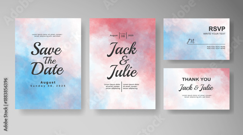 Set of Wedding invitation with abstract splash watercolor