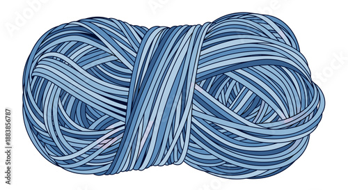 Tangled bundle of blue yarn isolated on a white background, showcasing intricate twists and loops in a compact shape
