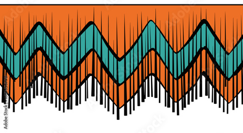 Colorful fringe curtain with zigzag pattern isolated on white background, featuring bold orange and teal hues, stylized in a graphic illustration