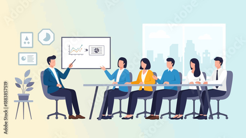 Business meeting with presentation, diverse team learning, office interior, collaboration