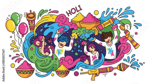 Vibrant Holi festival illustration with people celebrating with colored powder and water guns a festive doodle art for cultural events and invitations