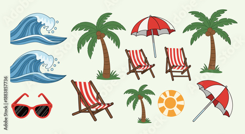 Collection of beach elements including chairs, umbrellas, palm trees, and sunglasses.