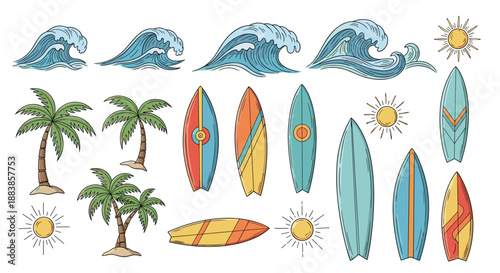 Vibrant Surfing Elements with Surfboards and Palm Trees.