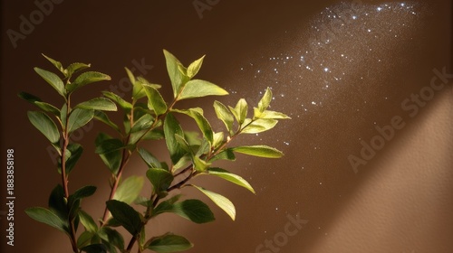 Serene Indoor Plant With Sparkling Water Droplets and Soft Light Aura Creating a Calm Atmosphere