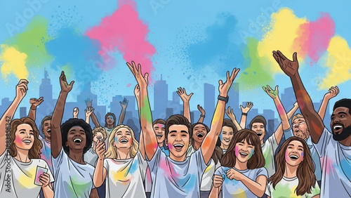 Diverse group of people celebrating with colorful powder a vibrant festival concept for outdoor events and community gatherings with city skyline in background