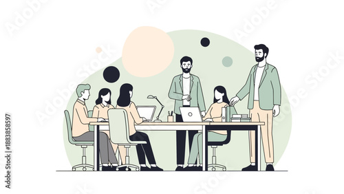 Business meeting with diverse team collaborating around a table, modern flat design illustration