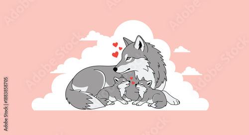Loving mother wolf lying down with her two adorable cubs, surrounded by hearts on a soft pink background for Mother's Day.
