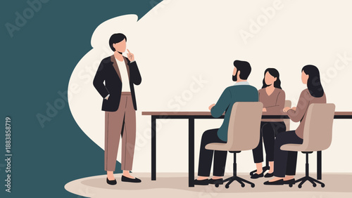 Business meeting with diverse team discussing ideas around a table, leader presenting