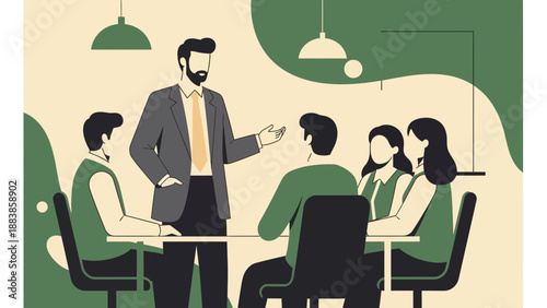 Business meeting with leader presenting ideas to team in modern office setting