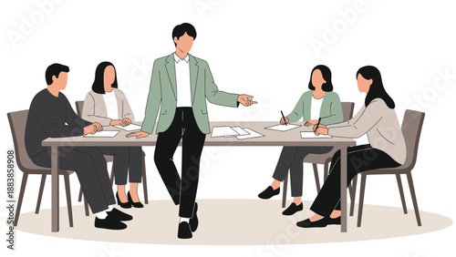 Business meeting with leader presenting ideas to team around table