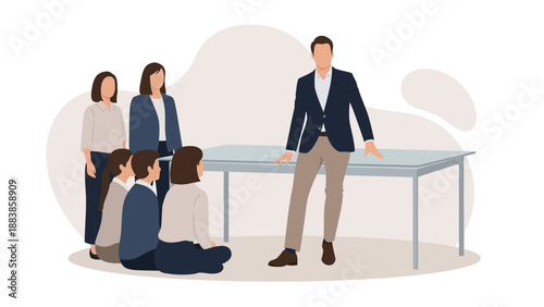 Business meeting with leader presenting to attentive team, modern flat illustration