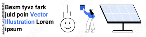 Renewable energy, sustainability, innovation, clean power, green technology, eco-friendly practices. A solar panel, happy face and figure holding a light bulb. Renewable energy and sustainability