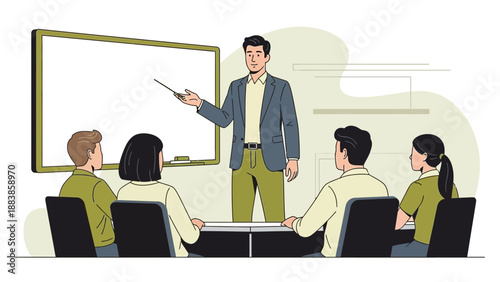 Business meeting with presentation and discussion at whiteboard