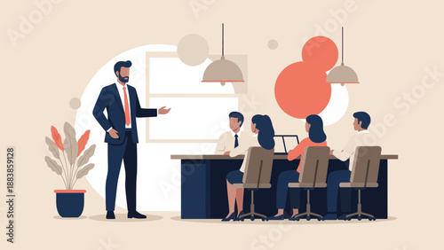 Business meeting with presentation, diverse team collaborating in modern office