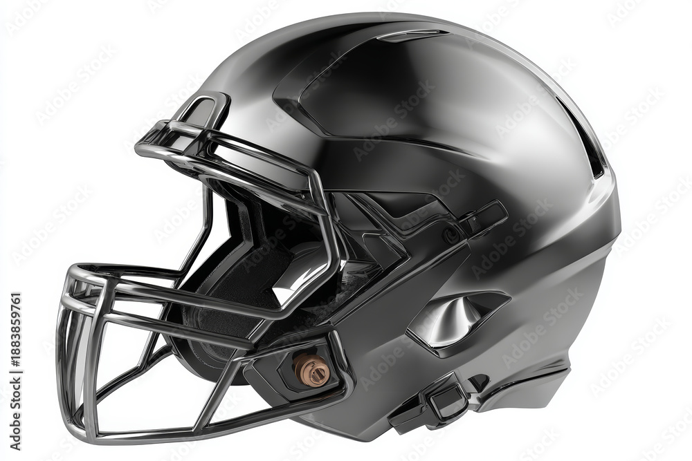 Fototapeta premium American football helmet black helmet protective gear sports equipment safety concept metal detail modern design side view glossy surface closeup
