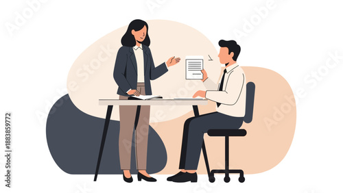 Business meeting, interview or consultation: woman presenting document to man