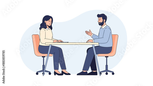 Business meeting, interview, consultation, discussion between man and woman at table