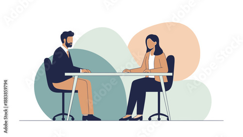 Business meeting, job interview concept, two people sitting at a table, modern flat illustration