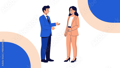 Business meeting, man and woman talking in office, professional conversation