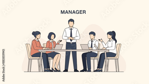 Business Meeting, Manager Leading Team Discussion, Office Collaboration, Flat Design