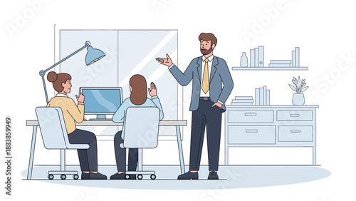 Business meeting, manager explaining to employees, modern office interior, teamwork, communication