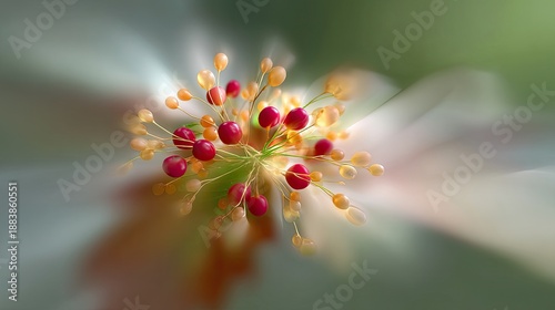 Delicate Abstract Floral Composition with Colorful Petals and Vibrant Stamen on a Soft Blurred Background