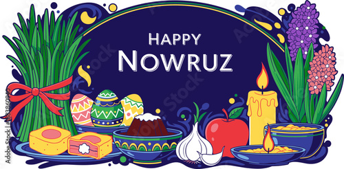 Happy Nowruz Haft-Seen Table Illustration with Sabzeh and Hyacinth Flower for Persian New Year, Spring Equinox, Iranian Spring Festival, Zoroastrian Holiday Greeting Cards, Educational Content.