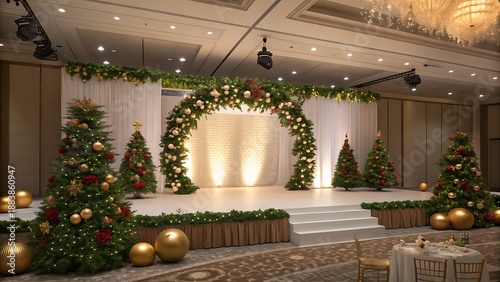 a beautifully decorated ballroom with christmas trees garland and a floral archway