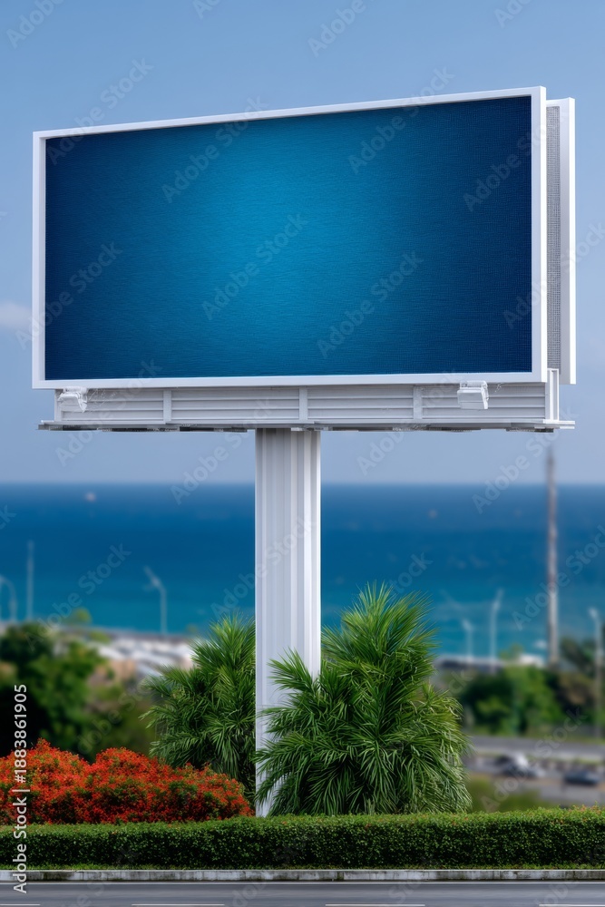 Fototapeta premium Large empty billboard rises above a coastal road with lush greenery and calm blue sea, ideal for advertising, outdoor campaigns, or travel and resort promotions.