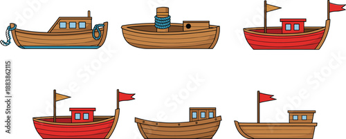 Cute Cartoon Wooden Boat Collection Vector Set with Fishing Boats and Small Ships Isolated on White Background