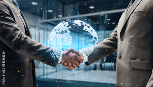 Business Partnership Handshake With Digital Global Network