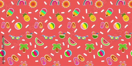 Seamless vector illustration, cute cartoon design, perfect for summer and beach trips, suitable for summer fabric patterns, and adorable dolls for children.