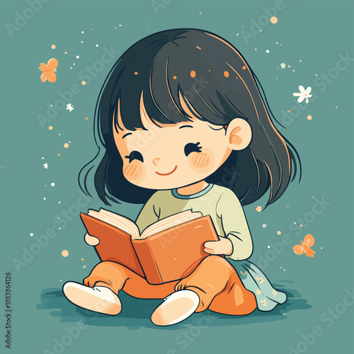Illustration of a smiling little girl reading a book, happy and dreamy - ai generative , vector style simple color
