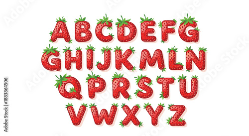 Fun and fruity cartoon alphabet with each letter uniquely formed from juicy red strawberries with green leafy tops on white.