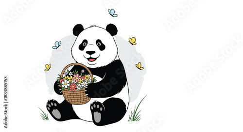 Happy cartoon panda sitting in the grass with a basket full of colorful flowers, while three butterflies flutter around it.
