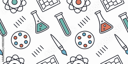 Seamless E-Learning Pattern with Science, Art, and Technology Symbols, Online Education Concept, Modern Flat Vector Background