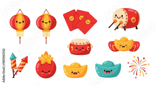 Flat lay of various Lunar New Year elements, including icons, symbols, and illustrations of lanterns, envelopes, fireworks, and a horse, against a clean white background with a festive mood.
