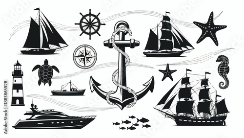 Nautical Symbols and Marine Life Collection.