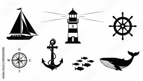 Nautical Symbols Collection Featuring Sailboat Anchor Lighthouse and Whale.
