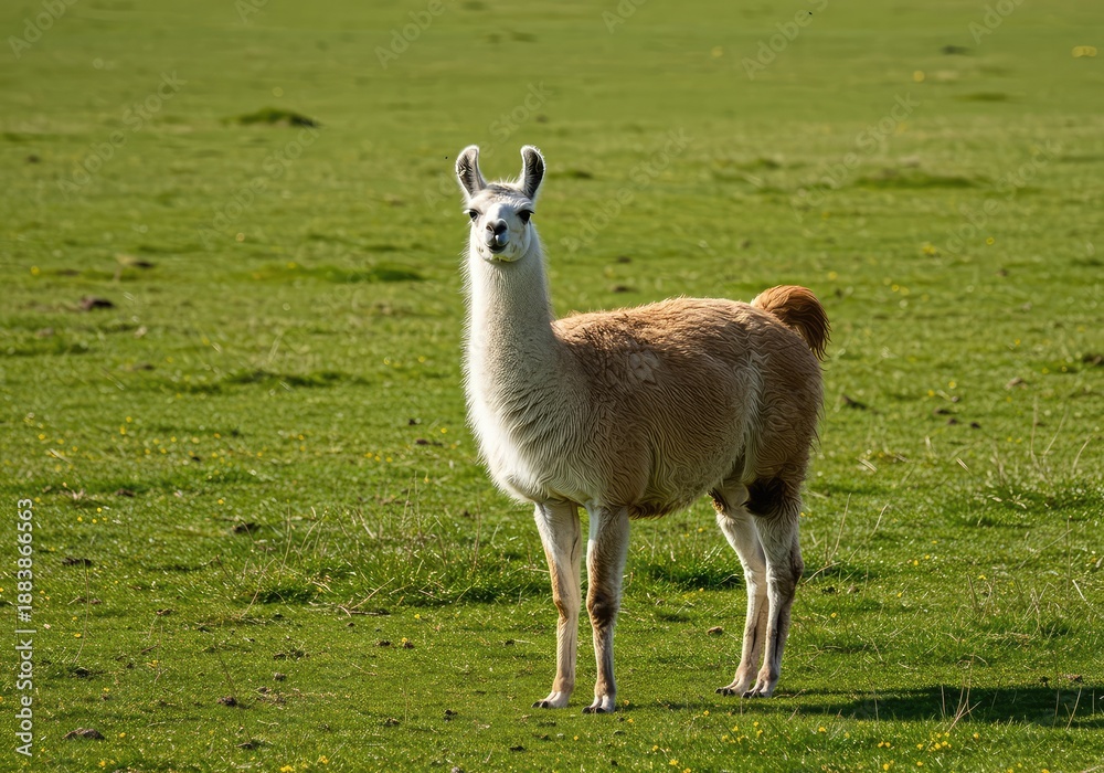 Naklejka premium A beautiful domestic llama standing calmly in a vast green meadow under the sunlight, showcasing its thick wool coat and gentle demeanor ,portrait ,sky ,field