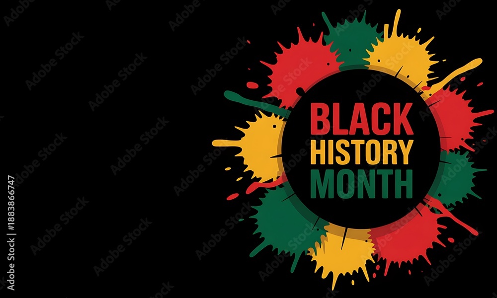 Fototapeta premium Colorful paint splash circular frame for black history month with vibrant abstract shapes on black background representing African American pride and cultural diversity for digital marketing assets