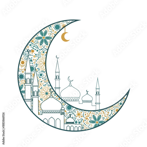 Islamic crescent moon with mosque silhouette, floral pattern, Ramadan, Eid, Muslim
