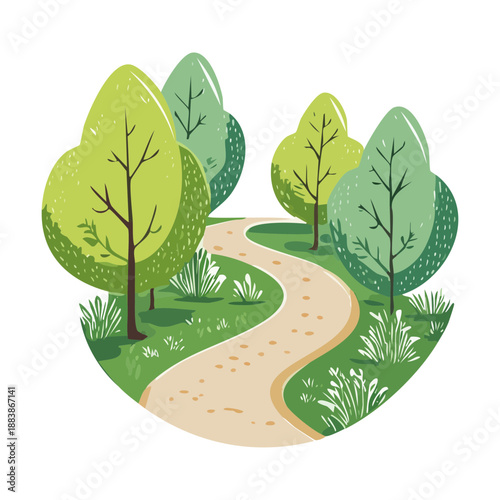 Stone path through a green park with lush trees and nature for outdoor landscape and garden design illustrations