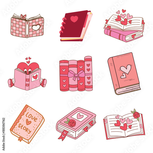 Romantic book collection. Vector closed diaries and notebooks with hearts and roses for Valentine's Day design